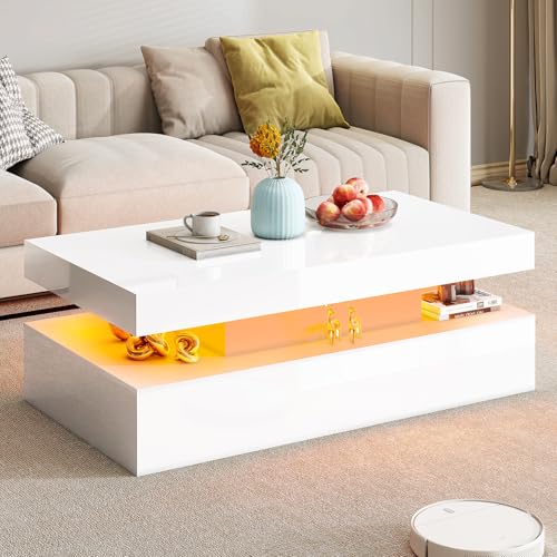 LUXOAK Couchtisch Hochglanz Weiß mit LED Beleuchtung – Moderner 2-stufiger Wohnzimmertisch mit offenem Stauraum, Rechteckiger Sofatisch für Wohnzimmer, 100x45.5x43 cm von LUXOAK