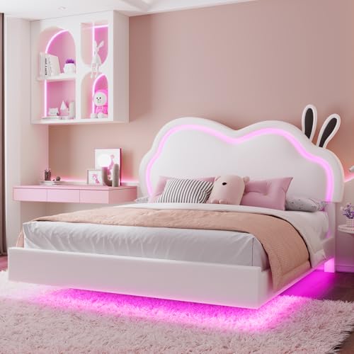 LUXOAK LED 140 x 200 cm Bettgestell für Mädchen, Gepolstertes Schwebebett mit Süßem Wolken-Kopfteil, Kein Boxspring erforderlich, Leder, Weiß von LUXOAK