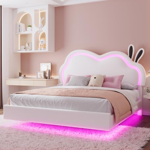 LUXOAK LED 90 x 200 cm Bettgestell für Mädchen, Gepolstertes Schwebebett mit Süßem Wolken-Kopfteil, Kein Boxspring erforderlich, Leder, Weiß von LUXOAK