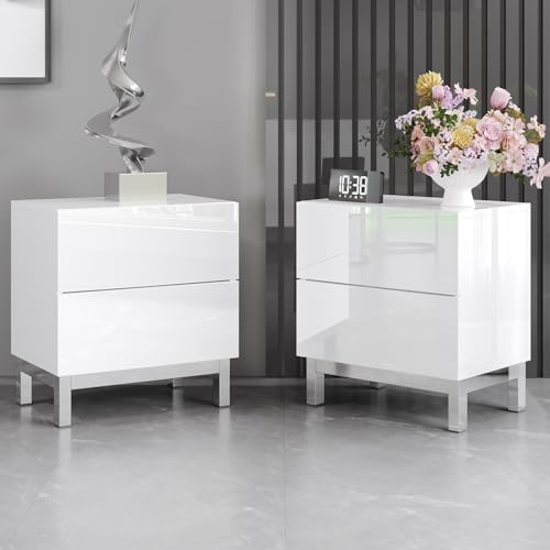 LUXOAK Nachttisch 2er Set Hochglanz Weiß, Moderne Beistelltische mit Schublade und verchromten Füßen, 60 cm hoch, Magnetverschluss, Stauraum für Schlafzimmer und Wohnzimmer von LUXOAK