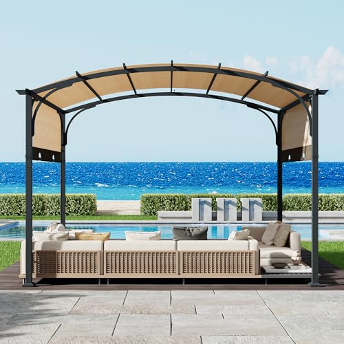 LUXOAK Pergola mit Schiebedach, 3,3 × 2,7 m Wasserdichtes Gartenpavillon mit Metallpfosten, Gebogenem Dach für Terrasse, Garten oder Deck, UV-Schutz, Beige von LUXOAK