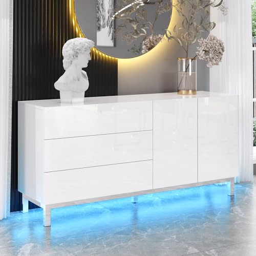 LUXOAK Sideboard Hochglanz Weiß mit LED, Modernes Wohnzimmer Sideboard mit 2 Türen & 3 Schubladen, Kommode mit elektroverchromten Akzenten, 160 x 76 x 40 cm von LUXOAK