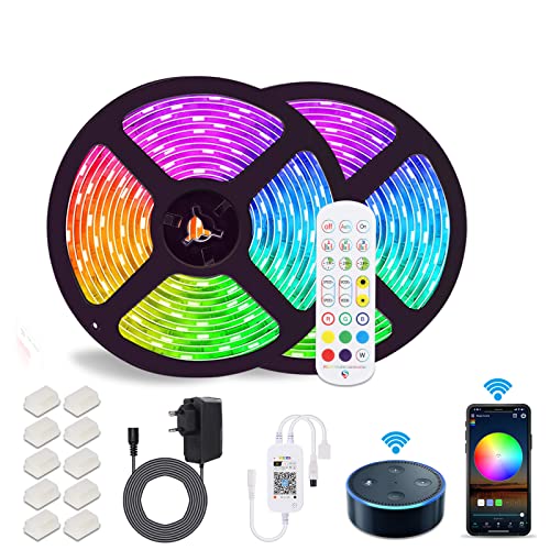 Alexa LED Strip 10m, 5050 RGB LED Stripes, APP Steuerbar Musik LED Lichterkette kompatibel mit Alexa,Google Assistant Farbwechsel LED Streifen LED Leiste mit Fernbedienung and 12V Netzteil von LUXONIC
