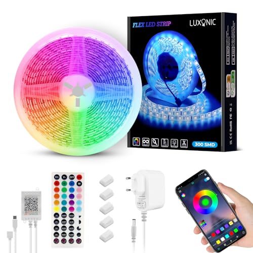LUXONIC LED Streifen 5M 60LEDs/M, 300 LEDs RGB LED Strip Light, gesteuert durch Bluetooth-App oder Fernbedienung mit 44 Tasten, Synchronisierung mit Musikrhythmus, Stirnband für Schlafzimmer, Gaming von LUXONIC
