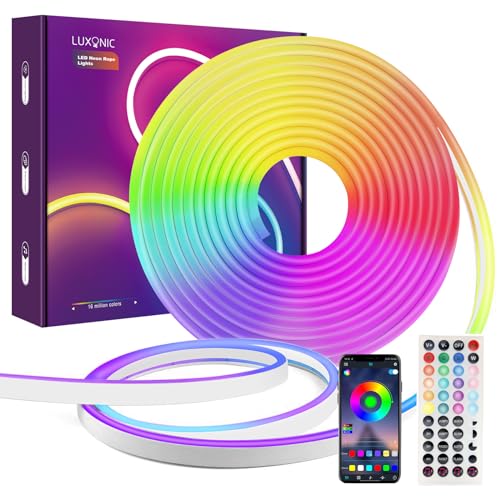 LUXONIC Neon LED Band 5M, Bluetooth RGB Led Strip,APP Steuerung,mit Fernbedienung, IP65 wasserdichte flexible Neon LED Streifen,Neon LED Lichter für DIY Deko Gaming Room, TV,Party und Schlafzimmer von LUXONIC