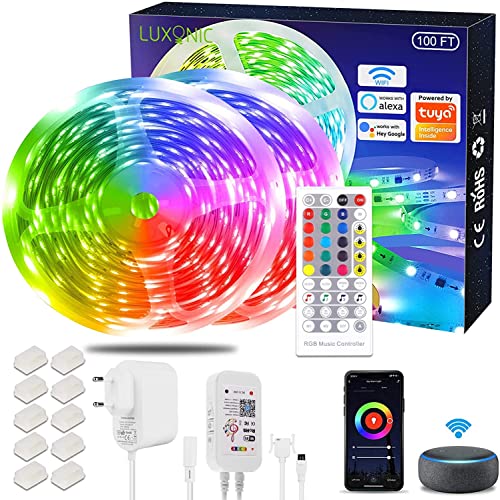Alexa LED Strip 30m, LUXONIC Smart RGB LED Stripes Alexa LED Lichterkette, APP Gesteuerte Musiksynchronisation, Arbeit mit Google Assistant, Ultralanger LED Leiste mit Netzteil und Fernbedienung von LUXONIC