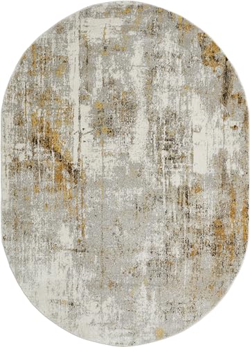 -LUXOR- living Teppich Molinos moderner Kurzflorteppich, abstraktes Muster, für das Wohnzimmer, Schlafzimmer, Grau-Gelb 160 x 230 cm oval von -LUXOR- living