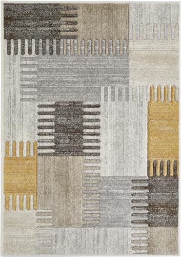 -LUXOR- living Teppich Torrent moderner Kurzflorteppich, abstraktes Muster, Patchwork-Design, Hoch-Tief Struktur, Farbe: Gelb-Grau, Größe: 200 x 290 cm von -LUXOR- living
