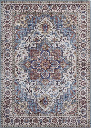 -LUXOR- living Teppich Wohnzimmer Bonum im Vintage Design - Wohnzimmerteppich Teppich Kurzflor Digitaldruck in zeitlosem Design Blau 80 x 150 cm von -LUXOR- living