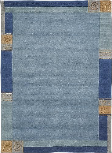 -LUXOR- living Teppich Wolle, Nepalteppich, Kurzflor, handgeknüpft, Bordüre, Wolltepich für Schlafzimmer und Wohnzimmer, Größe:60 x 90 cm, Farbe: Blau von -LUXOR- living