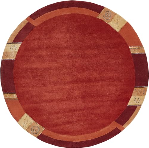 -LUXOR- living Teppich Wolle, Nepalteppich, Kurzflor, handgeknüpft, Bordüre Wollteppich, für Schlafzimmer und Wohnzimmer, Größe:150 cm Rund, Farbe: Rot von -LUXOR- living