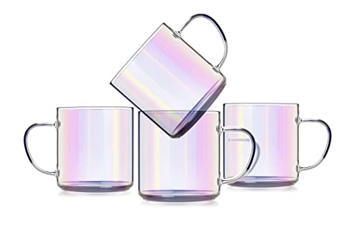 LUXU Glas-Kaffeetassen (4er-Set), 4 Stück, 400 ml, klare Glas-Tassen, Regenbogen-Glas, Getränke-Becher, bleifreies Trinkglas mit Griff, ideal für Mokka, Cappuccino, Milch, heiße und kalte Getränke von LUXU