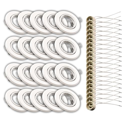 LUXULA 20er Set Einbauringe inkl. GU10 Fassung Rund Schwenkbar 230V - Ø 68-80 mm - LED Einbaustrahler Deckenspot Einbau Rahmen - matt weiß von LUXULA