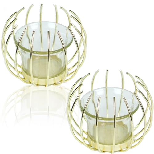 LUXURALS Zwei goldene Kerzenhalter für Teelichter aus Metall mit Glas Teelichthalter Glas Candle Holder von LUXURALS