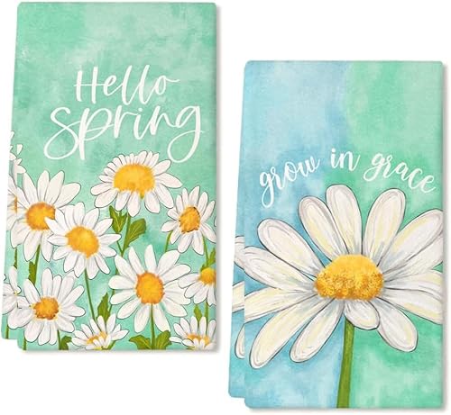 LUYANFX Weiße Blume Frühling Geschirrtücher Hello Spring Küchenhandtücher Chrysantheme Geschirrtücher Baumwolle, 18 x 26 Inch Saisonale Trockentuch - strapazierfähig, saugkräftig, 2er Set (A) von LUYANFX