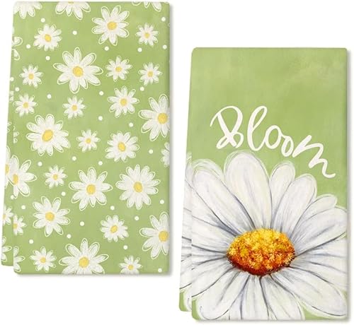LUYANFX Weiße Blume Frühling Geschirrtücher Hello Spring Küchenhandtücher Chrysantheme Geschirrtücher Baumwolle, 18 x 26 Inch Saisonale Trockentuch - strapazierfähig, saugkräftig, 2er Set (B) von LUYANFX