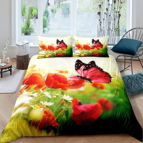 LUYAPOND Bettwäsche 135x200 Roter Mohn Schmetterling Bettwäsche Set für Kinder, Mikrofaser Bettbezüge, 1 Bettbezug mit Reißverschluss + 1 Kissenbezug 80x80 cm von LUYAPOND