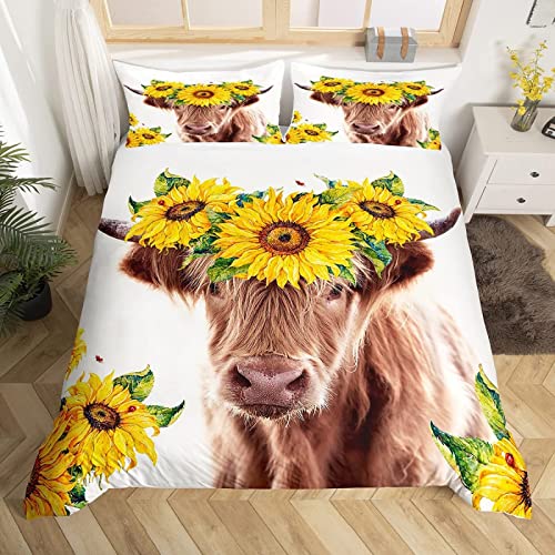 Bettwäsche 200x200 Sonnenblume Kuh Bettwäsche Set, Mikrofaser Bettbezüge, 1 Bettbezug mit Reißverschluss + 2 Kissenbezug 80x80 cm von LUYAPOND