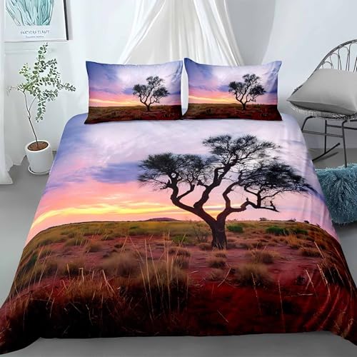 LUYAPOND Afrikanische Savanne Bettwäsche 140x200 Wüste einsamer Baum Bettbezug 140x200 2 Teilig, Schließung Weich Atmungsaktive Mikrofaser Bettwäsche-Sets mit Reißverschluss und 1 Kissenbezug 70x90 von LUYAPOND
