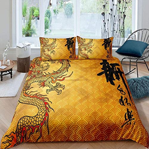 LUYAPOND Bettwäsche 140x200 Chinesischer Drache Bettwäsche Set, Schließung Weich Atmungsaktive Mikrofaser Sommer Bettbezüge, 1 Bettbezug mit Reißverschluss + 1 Kissenbezug 80x80 cm von LUYAPOND