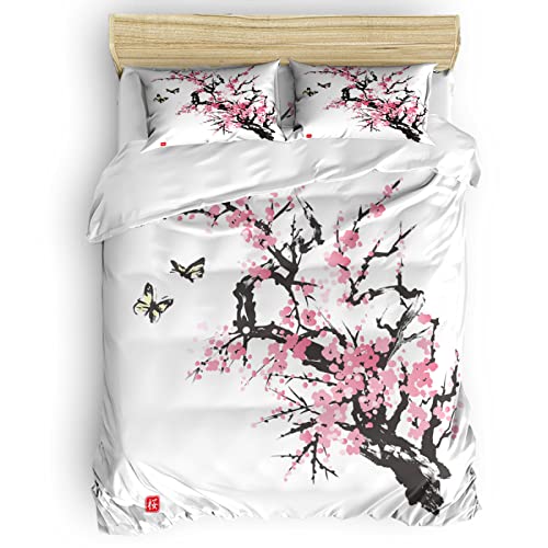 LUYAPOND Bettwäsche 140x200 Kirschbaum im japanischen Stil Bettwäsche Set, Mikrofaser Bettbezüge, 1 Bettbezug mit Reißverschluss + 1 Kissenbezug 80x80 cm von LUYAPOND