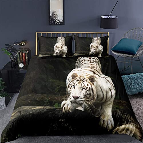 LUYAPOND Bettwäsche 155x220 Weißer Tiger Bettwäsche Set, Mikrofaser Bettbezüge, 1 Bettbezug mit Reißverschluss + 2 Kissenbezug 80x80 cm von LUYAPOND