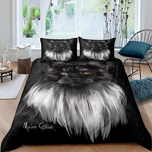 LUYAPOND Bettwäsche 200x200 Schwarze Maine Coon Katze Bettwäsche Set, Schließung Weich Atmungsaktive Mikrofaser Bettbezüge, 1 Bettbezug mit Reißverschluss + 2 Kissenbezug 80x80 cm von LUYAPOND