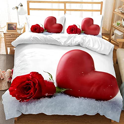 LUYAPOND Bettwäsche 200x220 Rote Rose Rotes Herz Bettwäsche Set, Mikrofaser Bettbezüge, 1 Bettbezug mit Reißverschluss + 2 Kissenbezug 80x80 cm von LUYAPOND