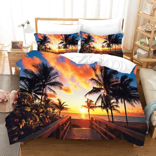 LUYAPOND Sonnenuntergang am Meer Bettwäsche 135x200 Kokosnuss Grove Bettbezug 135 x 200 2 Teilig, Schließung Weich Atmungsaktive Mikrofaser Bettwäsche-Sets mit Reißverschluss und 1 Kissenbezug 80x80 von LUYAPOND