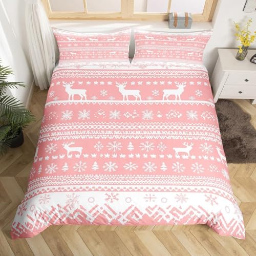 LUYAPOND Weihnachtshirsch Bettwäsche 135x200 Schneeflocke Rosa Bettbezug 135 x 200 2 Teilig, Schließung Weich Atmungsaktive Mikrofaser Bettwäsche-Sets mit Reißverschluss und 1 Kissenbezug 80x80 cm von LUYAPOND