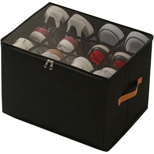 LUYJWZN Emboadlie Fabric Shoe Organizer Storage Box, Anowadays Fabric Shoe Organizer, Foldable Shoes Storage Box with Transparent Cover and Sturdy Handles (Black,12 Grids) von LUYJWZN