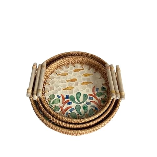 LUYSGBXR Serviertablett Vintage Rattan gewebt Tablett bunten Webkorb mit Griff Tabletts(Style 4,L 28x3cm) von LUYSGBXR