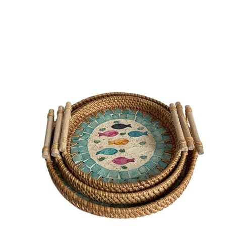 LUYSGBXR Serviertablett Vintage Rattan gewebt Tablett bunten Webkorb mit Griff Tabletts(Style 5,L 28x3cm) von LUYSGBXR
