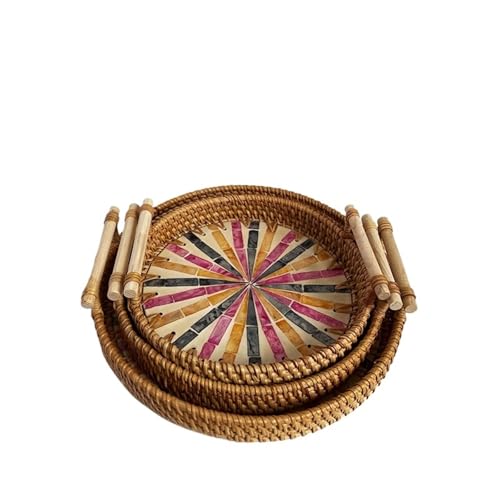 LUYSGBXR Serviertablett Vintage Rattan gewebt Tablett bunten Webkorb mit Griff Tabletts(Style 9,L 28x3cm) von LUYSGBXR