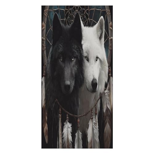 LUYYSKY Fantasy Schwarz Weiß Wölfe saugfähiges Strandtuch, Mystery Indianer Traumfänger Federn Yin Yang Wolf Outdoor einseitig Samt Strandtuch von LUYYSKY