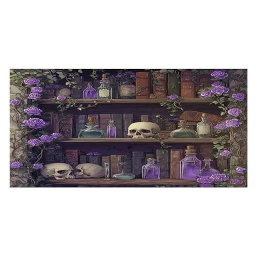 LUYYSKY Mid Century Castle Bücherregal saugfähiges Strandtuch, Vintage Magic Library Mystery Gothic Totenköpfe lila Blumen Outdoor einseitig Samt Strandtuch von LUYYSKY