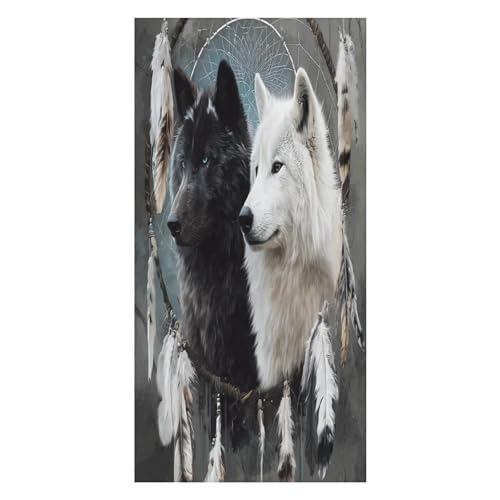 LUYYSKY Mystery Schwarz Weiß Wölfe saugfähiges Strandtuch, Fantasy Indianer Traumfänger Federn Yin Yang Wolf Outdoor einseitig Samt Strandtuch von LUYYSKY