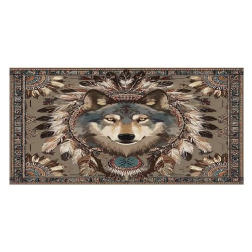 LUYYSKY Retro Western Tribal Wolf Schnell Trocknendes Strandtuch, Rustikaler Indianer Exotischer Traumfänger Feder Tier Wolf Reise Urlaub Einseitig Flor Badezimmer Handtücher von LUYYSKY