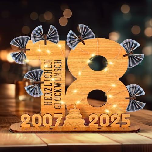 LUZOON 2025 Geldgeschenke Geburtstag 18 Geburtstagszahlen Holz Schild Gästebuch mit LED Lichterkette Ständer und Kerzenhalter für 18 Jahre Mann Frau für Hochzeit Jubiläum Tischdeko von LUZOON
