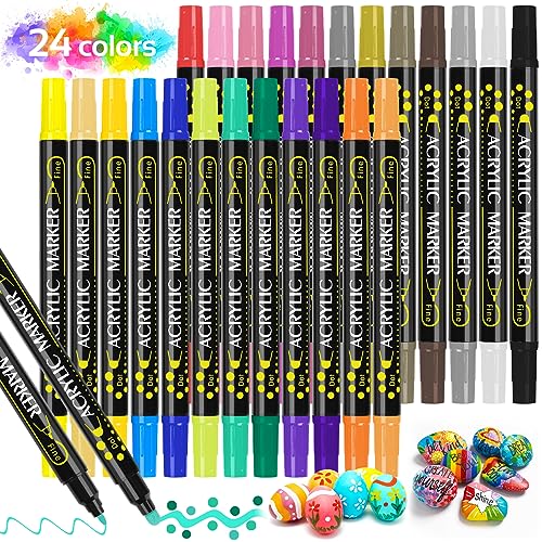 LUZOON Acrylstifte für Steine, 24 Farben Wasserfeste Stifte Dual Tip Permanent Marker Stifte, Bemalen Acrylstifte für Steine, Holz, Leinwand, Glas, Papier (24 Colors Hartkopf) von LUZOON