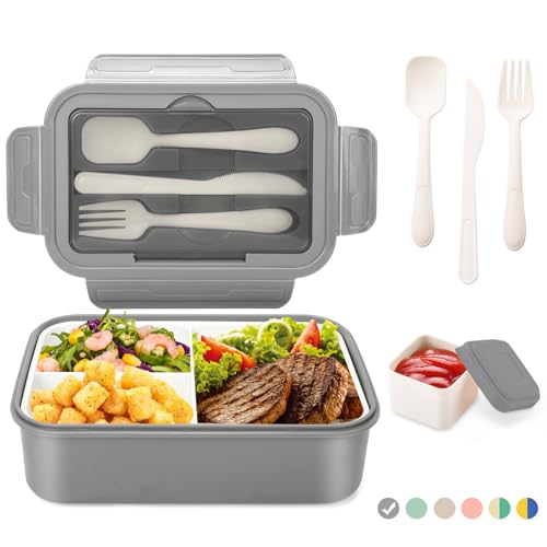 LUZOON Lunchbox Bento Box Brotdose Erwachsene 1400ml mit 3 FäChern für Kinder inkl. Besteck Jausenbox für Mikrowellen Und SpüLmaschinen, Schule Arbeit Picknick Reisen (Grau + Saucenbox) von LUZOON