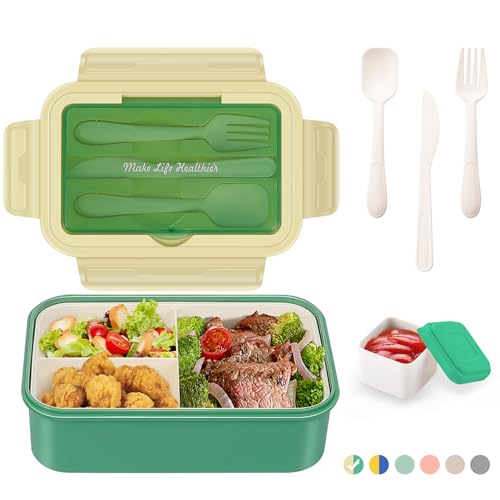 LUZOON Lunchbox Bento Box Brotdose Erwachsene 1400ml mit 3 FäChern für Kinder inkl. Besteck Jausenbox für Mikrowellen Und SpüLmaschinen, Schule Arbeit Picknick Reisen (Grün①, 1400ml) von LUZOON