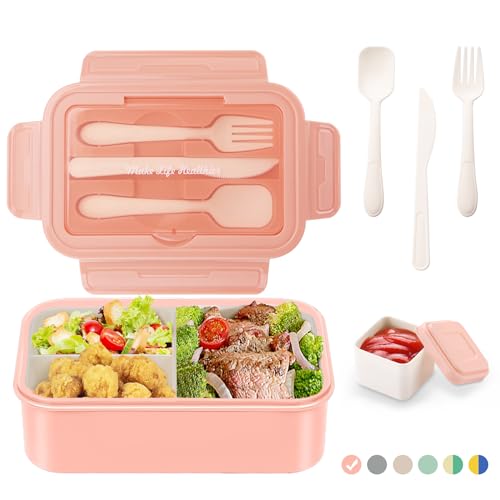 LUZOON Lunchbox Bento Box Brotdose Erwachsene 1400ml mit 3 FäChern für Kinder inkl. Besteck Jausenbox für Mikrowellen Und SpüLmaschinen, Schule Arbeit Picknick Reisen (Rosa①, 1400ml) von LUZOON