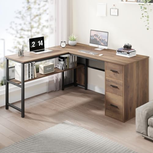 LVB Hellgrau Wendbarer L-förmiger Eckschreibtisch Computertisch mit Aktenschubladen Schränken großer Arbeitstisch Arbeitszimmer Chefbüro Schreibtisch mit Ablagen für Schlafzimmer von LVB