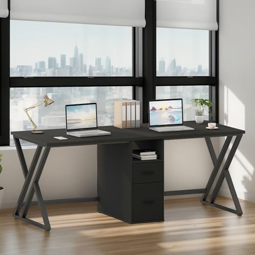 LVB Schwarz Large Double Industrial Computer-Schreibtisch mit Schubladen, Extra Lange Gaming-Tabelle mit Lagerung Schrank Regale, Holz-Metall-Computer-Schreibtisch von LVB