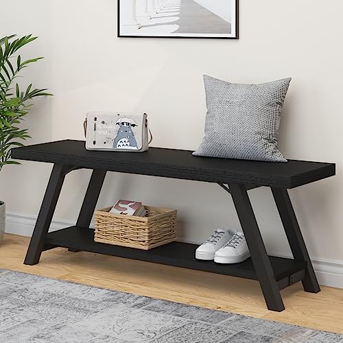 LVB Schwarze Bank Moderne Aufbewahrungsbank für Schlafzimmer Holz-Metall Bank für Flur Esszimmer Wohnzimmer Bauernhaus Schuhregal Innen Akzent-Sitzbank für Diele Eingang Schwarz 120cm von LVB