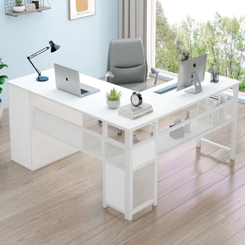 LVB Weiß Wendbarer L-förmiger Eckschreibtisch, Bauernhaus-Holz, Computertisch mit Aktenschubladen, Schränken, großer Arbeitstisch, Arbeitszimmer, Chefbüro, Schreibtisch mit Ablagen für Schlafzimmer LVB Weiß Wendbarer L-förmiger Eckschreibtisch, Bauernhaus-Holz, Computertisch mit Aktenschubladen, Schränken, großer Arbeitstisch, Arbeitszimmer, Chefbüro, Schreibtisch mit Ablagen für Schlafzimmer von LVB