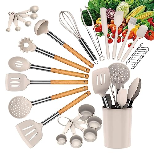 Küchengeschirr-Set, 33 Silikon-Kochutensilien-Set, 446 F hitzebeständiges Küchengeschirr, Spatel, Löffel, BPA-freies Holzgriff-Silikon-Küchenutensilien-Set, mit Antihaft-Küchenutensilien (Khaki) Küchengeschirr-Set, 33 Silikon-Kochutensilien-Set, 446 F hitzebeständiges Küchengeschirr, Spatel, Löffel, BPA-freies Holzgriff-Silikon-Küchenutensilien-Set, mit Antihaft-Küchenutensilien (Khaki) von LVEON
