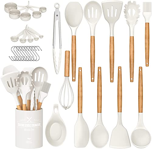 LVEON Küchenutensilien-Set, 33-teilig, antihaftbeschichtet, Silikon-Kochutensilien, Spatel-Set, mit Halterung, Holzgriff, Silikon, Küchenwerkzeug-Set (weiß) von D L D