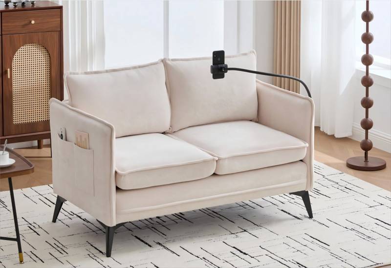 LVHOM 2-Sitzer Polstersofa mit USB/Typ C-Ladefunktion & Handyhalter, Seitentasche, (127x69x66cm) Ergonomisches Chenille-Sofa mit verstellbarer Handyhalterung, Ladeanschlüssen, beidseitigen Staufächern und Reinigungsfreundlichkeit durch abnehmbare Sitzkissen. Metallfüße, 250kg Tragkraft,16cm Bodenfreiheit für Saugroboter., für kleine Räume: Wohn-/Schlafzimmer, Terasse oder Single-Haushalte von LVHOM
